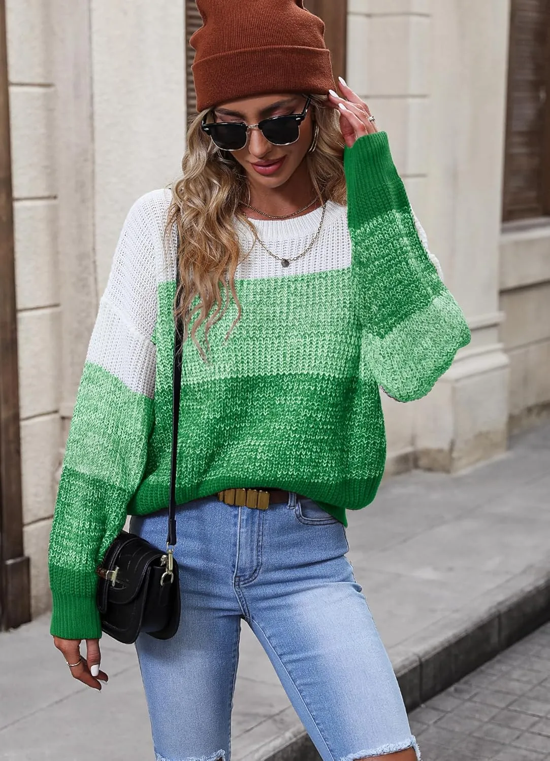 Women's Striped Color Block Sweater Long Sleeve Crewneck Casual Loose Fit Soft Knit Sweater Pullover Tops