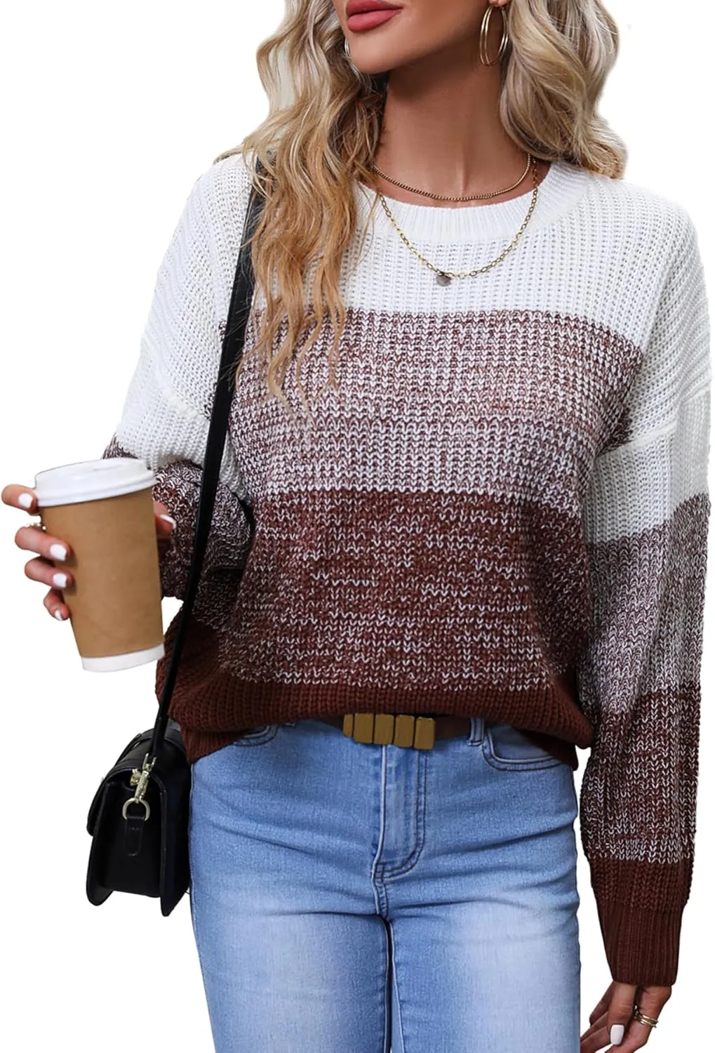 Women's Striped Color Block Sweater Long Sleeve Crewneck Casual Loose Fit Soft Knit Sweater Pullover Tops