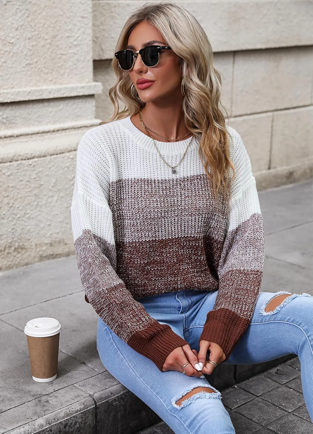 Women's Striped Color Block Sweater Long Sleeve Crewneck Casual Loose Fit Soft Knit Sweater Pullover Tops