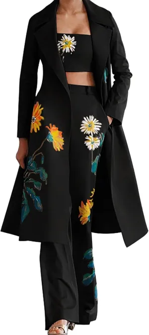Women's Suit 3 Piece SetFashion Floral Embroidery Business Casual Outfits Long Blazer Jacket Matching Bra and Pants