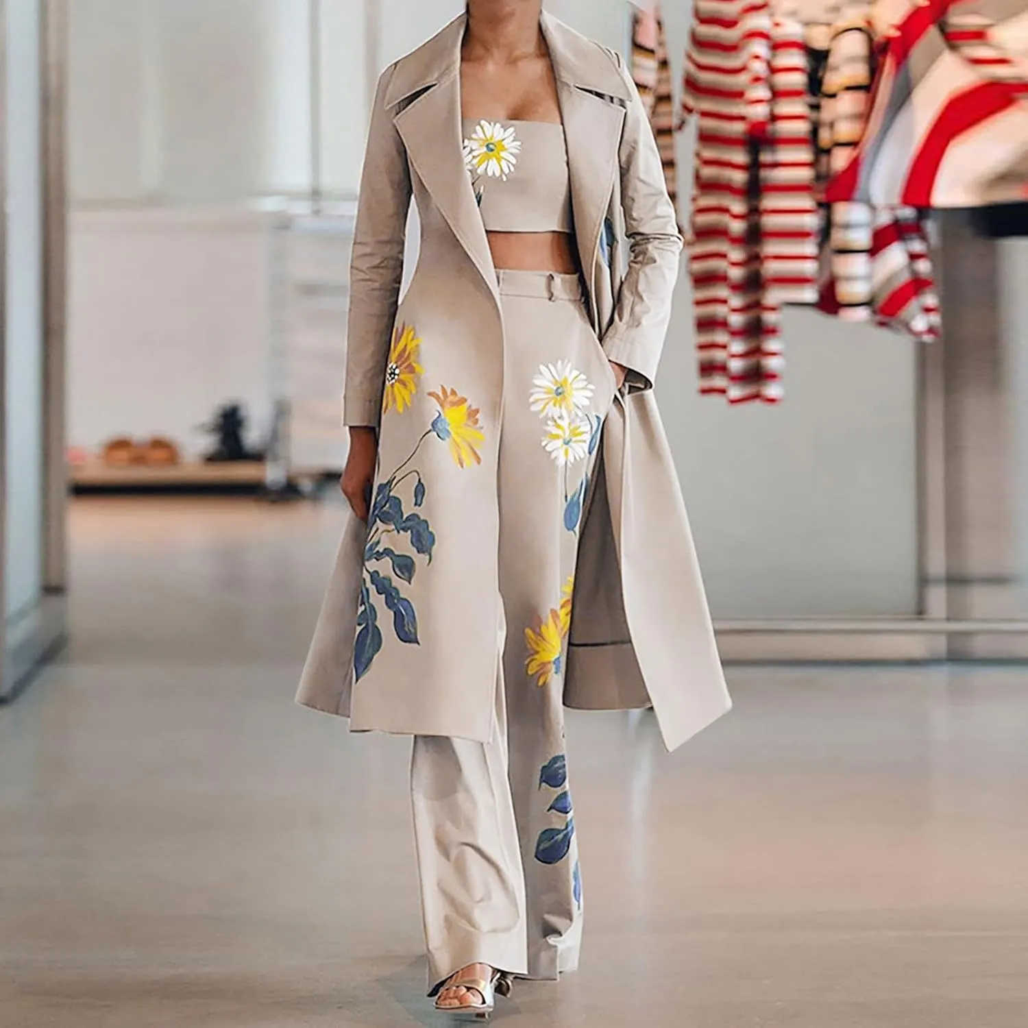 Women's Suit 3 Piece SetFashion Floral Embroidery Business Casual Outfits Long Blazer Jacket Matching Bra and Pants