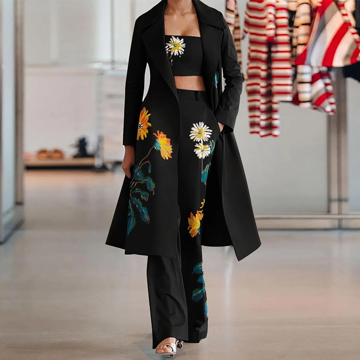 Women's Suit 3 Piece SetFashion Floral Embroidery Business Casual Outfits Long Blazer Jacket Matching Bra and Pants
