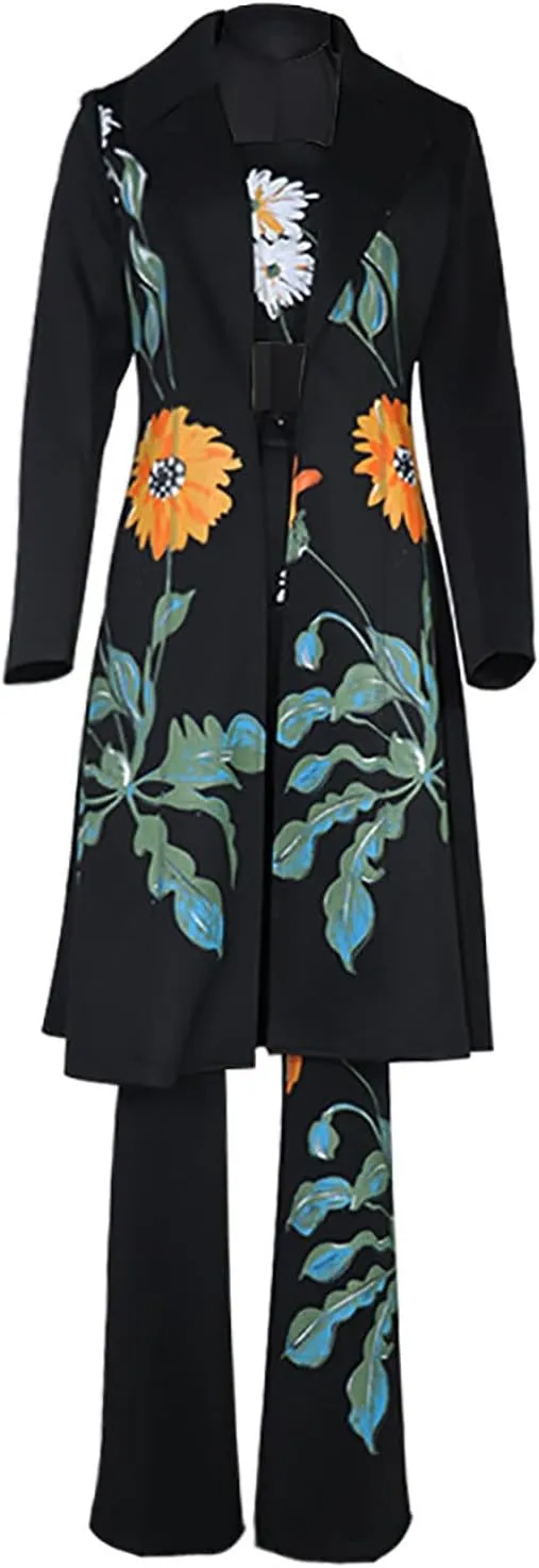 Women's Suit 3 Piece SetFashion Floral Embroidery Business Casual Outfits Long Blazer Jacket Matching Bra and Pants