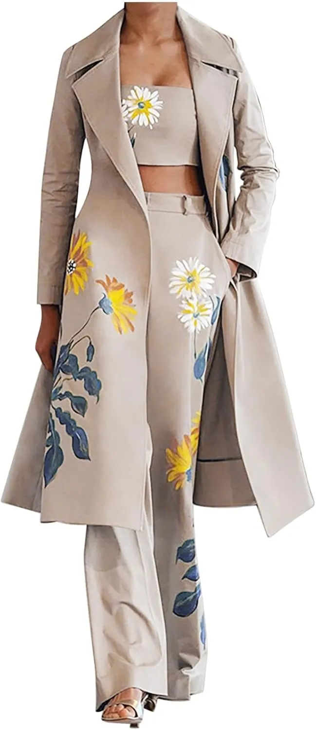 Women's Suit 3 Piece SetFashion Floral Embroidery Business Casual Outfits Long Blazer Jacket Matching Bra and Pants