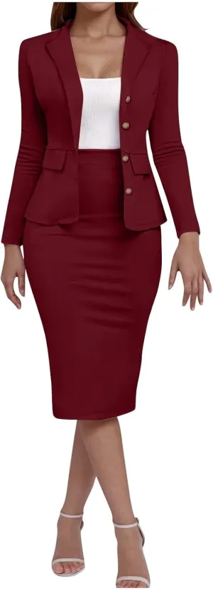 Womens Suits 2 Piece Set Business Skirt Suit Set Long Sleeve Blazer and Skirt Suit Set Casual Work Office Outfits