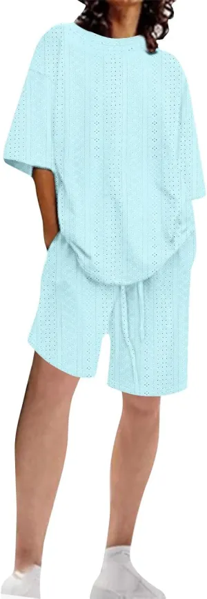 Womens Summer Beach Vacation Outfits 2024 2 Piece Short Set Oversized Tshirt Bermuda Shorts Matching Lounge Sets