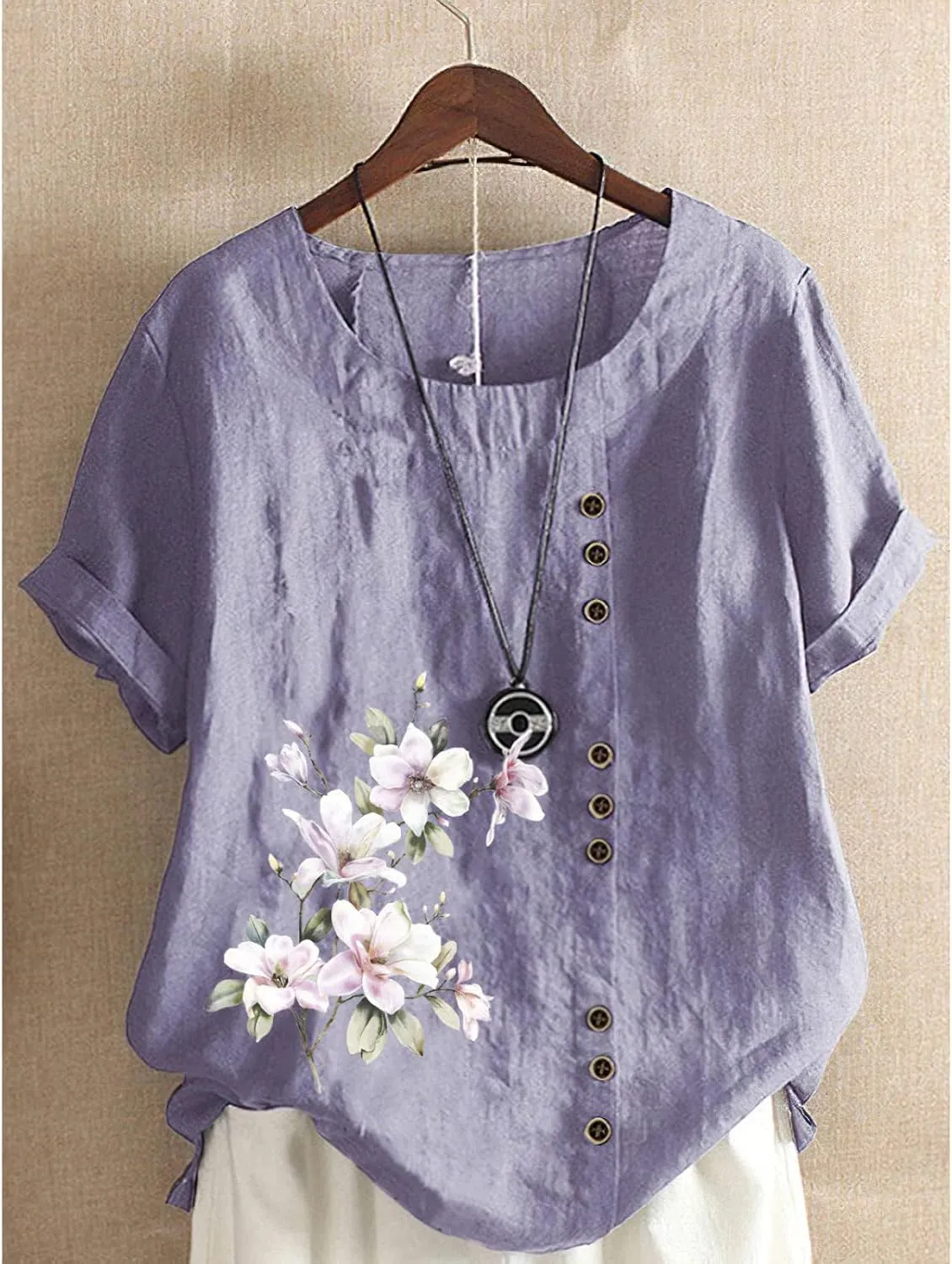 Women's Summer Boho Floral Cotton Linen Short Sleeve Tunic Top Dressy Casual Loose Plus Size Comfy Beach Shirt
