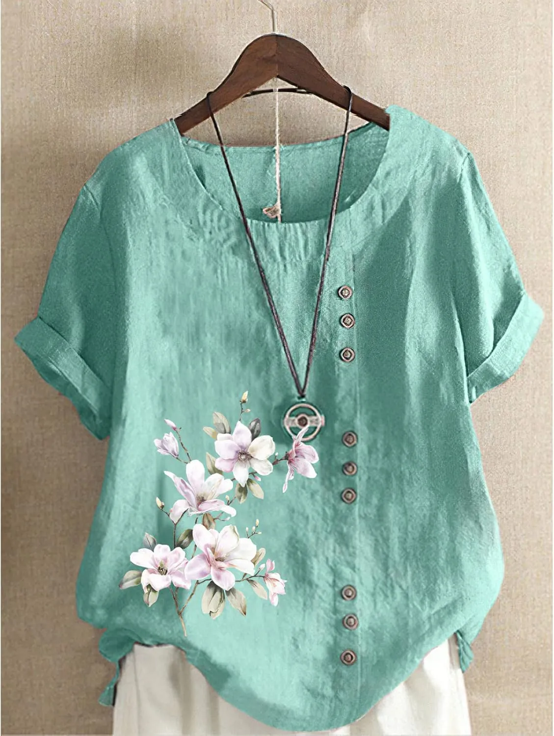 Women's Summer Boho Floral Cotton Linen Short Sleeve Tunic Top Dressy Casual Loose Plus Size Comfy Beach Shirt