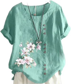 Women's Summer Boho Floral Cotton Linen Short Sleeve Tunic Top Dressy Casual Loose Plus Size Comfy Beach Shirt