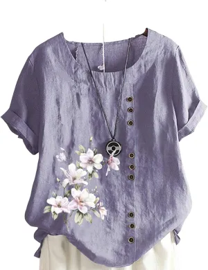 Women's Summer Boho Floral Cotton Linen Short Sleeve Tunic Top Dressy Casual Loose Plus Size Comfy Beach Shirt