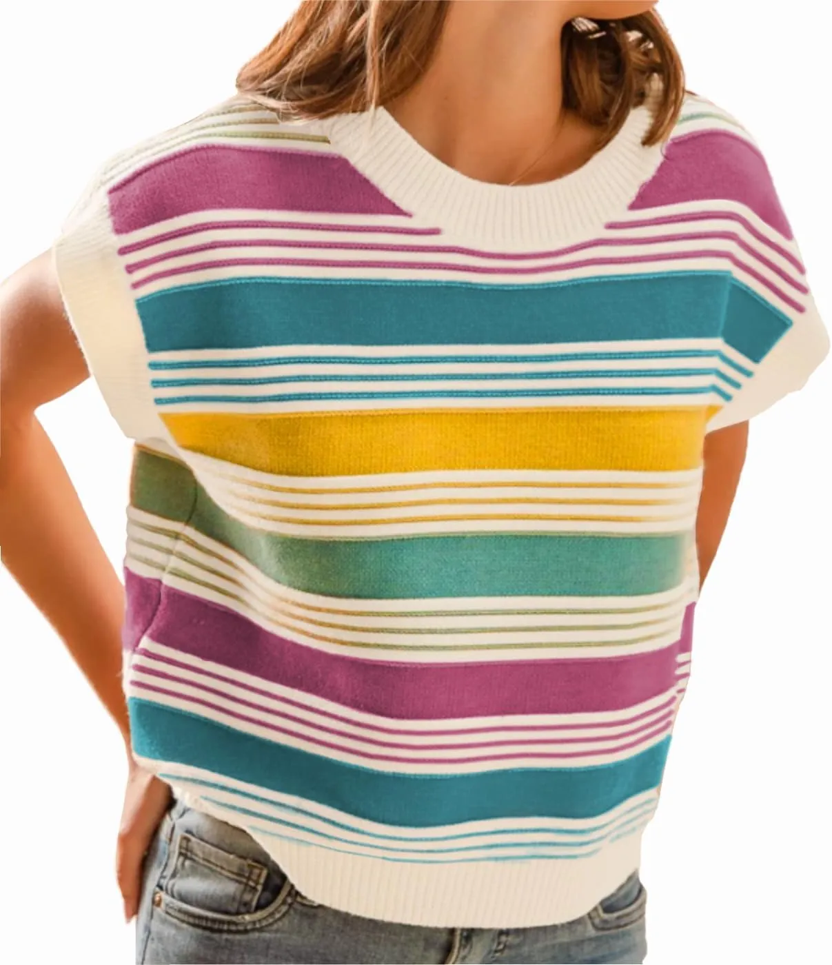 Womens Summer Cap Sleeve Tops Striped Color Block Sleeveless Sweater Vest Crew Neck Casual Loose Fit Tank Top