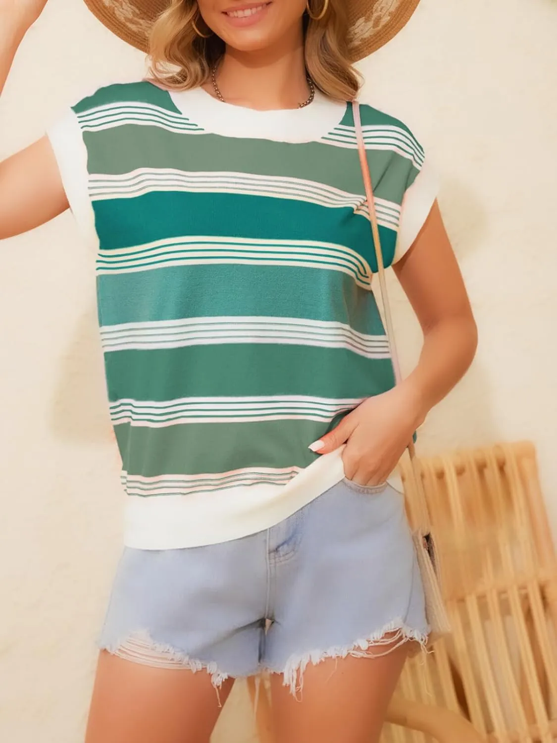 Womens Summer Cap Sleeve Tops Striped Color Block Sleeveless Sweater Vest Crew Neck Casual Loose Fit Tank Top