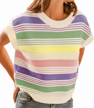 Womens Summer Cap Sleeve Tops Striped Color Block Sleeveless Sweater Vest Crew Neck Casual Loose Fit Tank Top