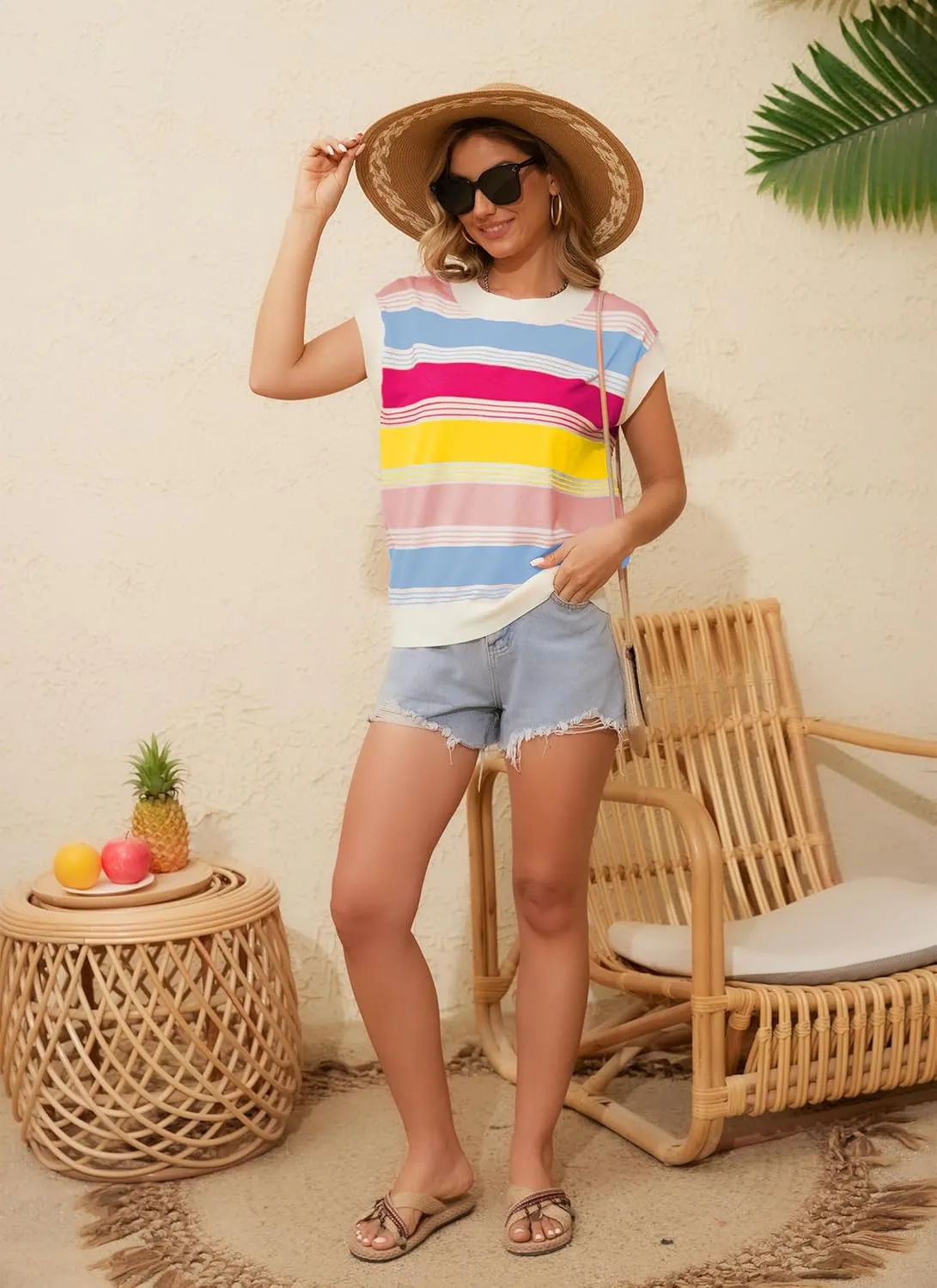 Womens Summer Cap Sleeve Tops Striped Color Block Sleeveless Sweater Vest Crew Neck Casual Loose Fit Tank Top