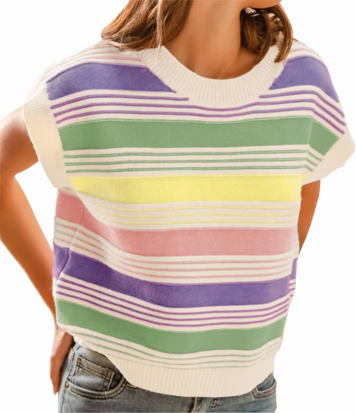 Womens Summer Cap Sleeve Tops Striped Color Block Sleeveless Sweater Vest Crew Neck Casual Loose Fit Tank Top