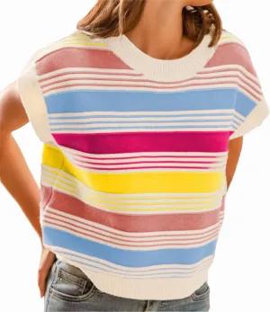 Womens Summer Cap Sleeve Tops Striped Color Block Sleeveless Sweater Vest Crew Neck Casual Loose Fit Tank Top