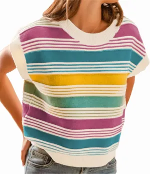 Womens Summer Cap Sleeve Tops Striped Color Block Sleeveless Sweater Vest Crew Neck Casual Loose Fit Tank Top