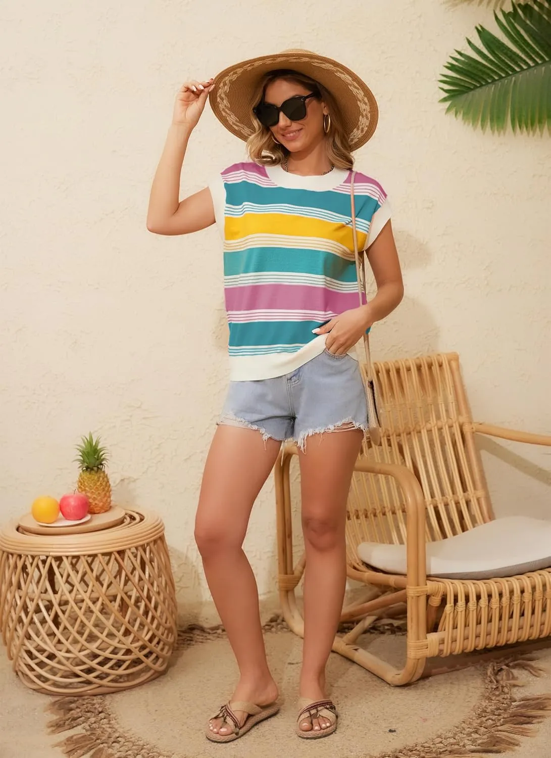 Womens Summer Cap Sleeve Tops Striped Color Block Sleeveless Sweater Vest Crew Neck Casual Loose Fit Tank Top