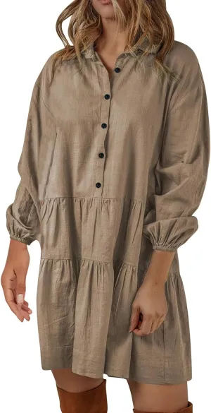 Women's Summer Puff Sleeve Tiered Tunic Dress Cute Mini Button Down Shirt Dress Button Up Ruffle Hem Tunic Dresses