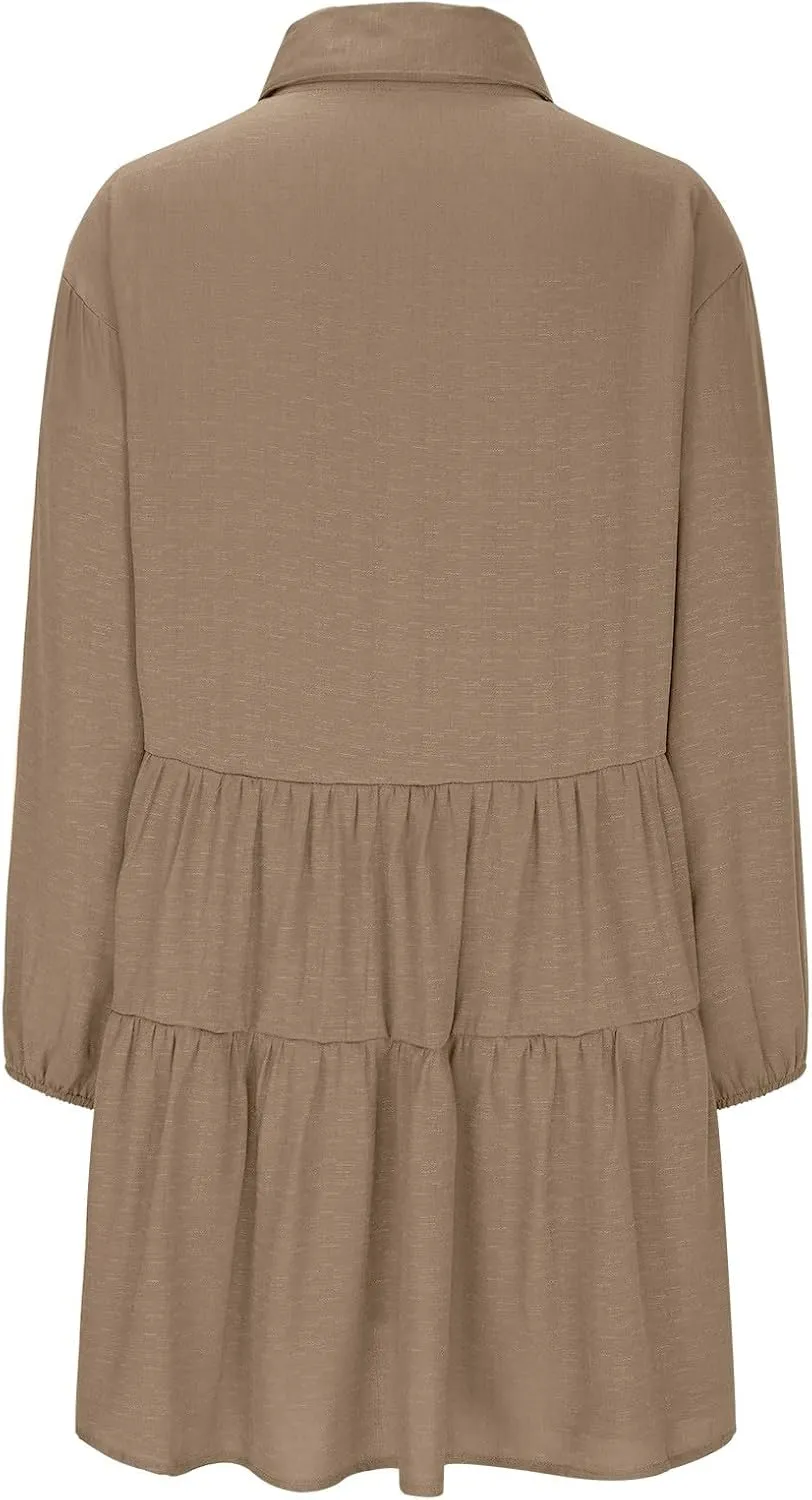 Women's Summer Puff Sleeve Tiered Tunic Dress Cute Mini Button Down Shirt Dress Button Up Ruffle Hem Tunic Dresses