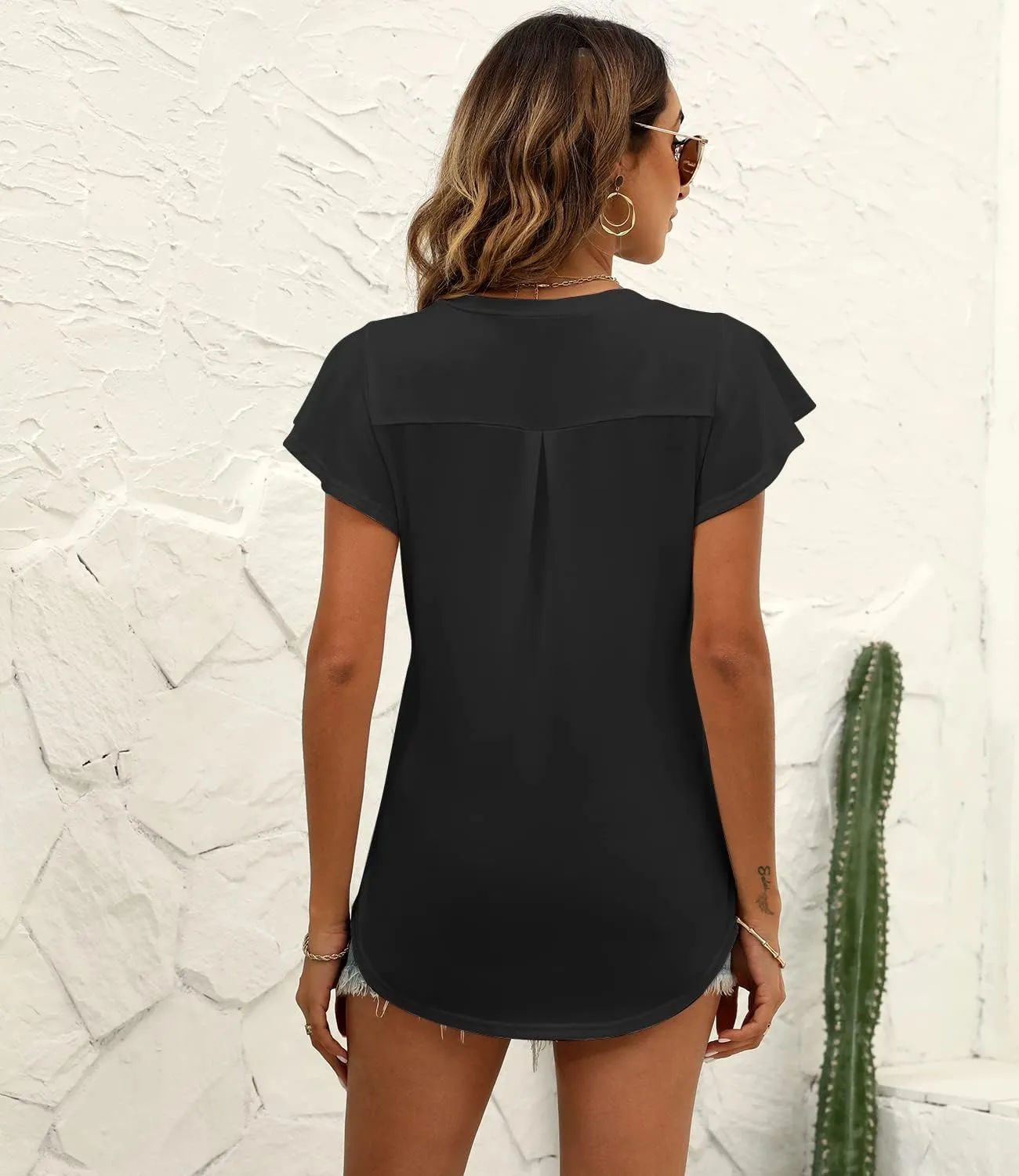 Women's Summer Tops Ruffle Sleeve V Neck Tunic Shirts Business Casual Flowy Blouses for Women