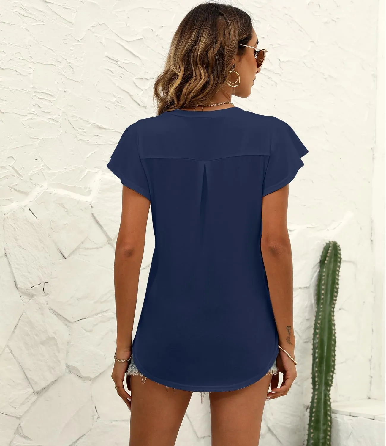 Women's Summer Tops Ruffle Sleeve V Neck Tunic Shirts Business Casual Flowy Blouses for Women