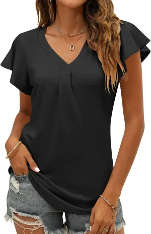 Women's Summer Tops Ruffle Sleeve V Neck Tunic Shirts Business Casual Flowy Blouses for Women