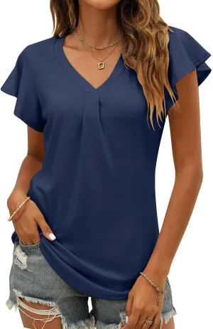 Women's Summer Tops Ruffle Sleeve V Neck Tunic Shirts Business Casual Flowy Blouses for Women