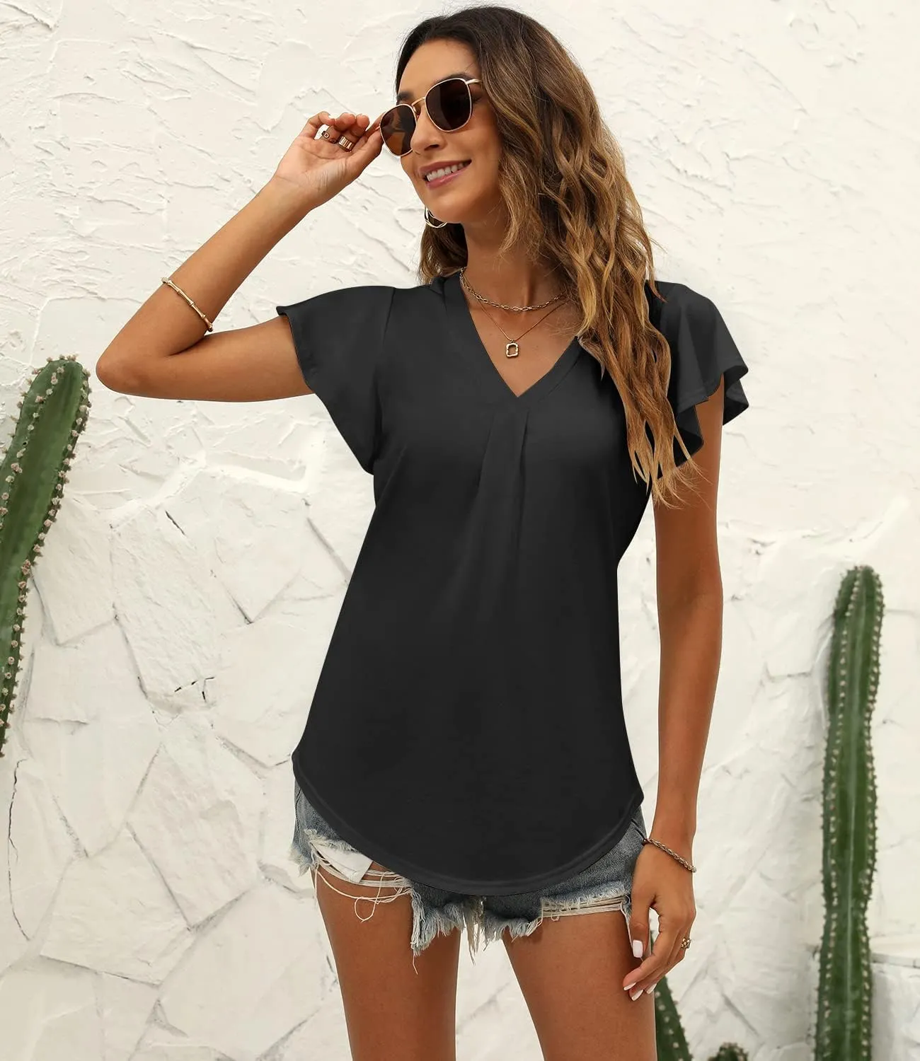 Women's Summer Tops Ruffle Sleeve V Neck Tunic Shirts Business Casual Flowy Blouses for Women