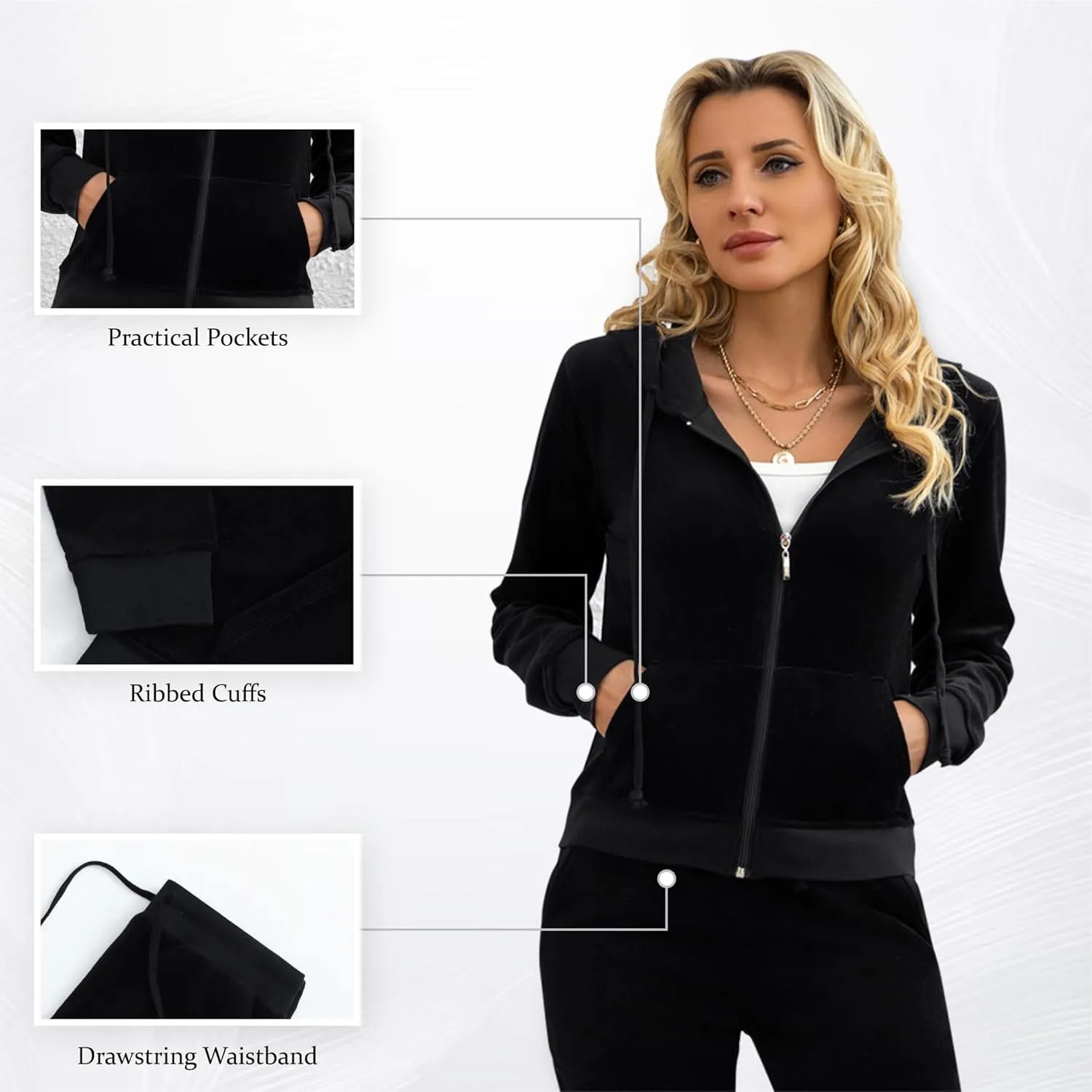 Womens Tracksuit Set  2 Piece Slim Fit Velour Velvet Casual Zip Up Hoodie Jacket Sweatsuit and Sweatpants S-XL
