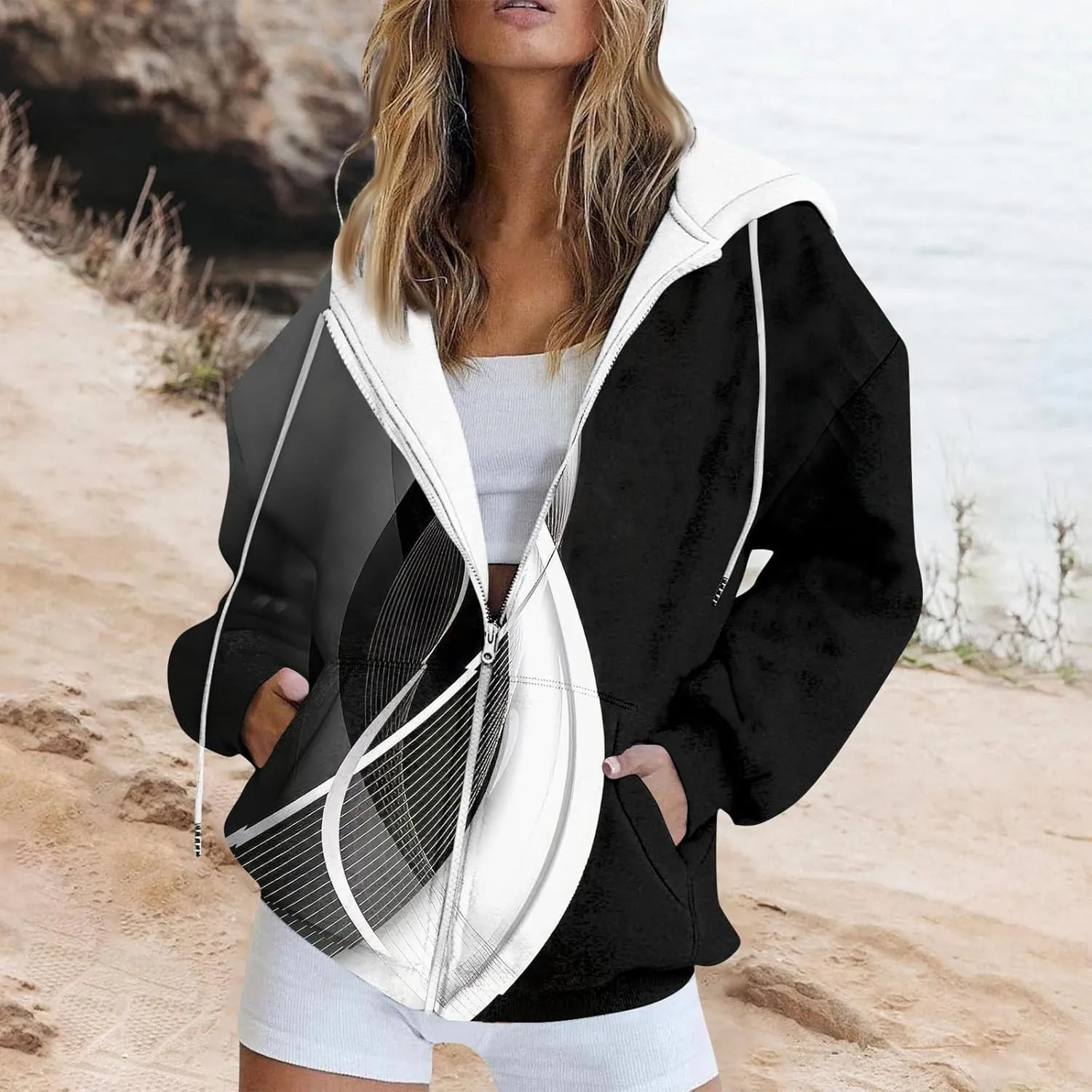 Women's Trendy Floral Printing Jacket Zip Up Hoodies Lightweight Long Sleeve Coat Fall Fashion Outfits with Pockets