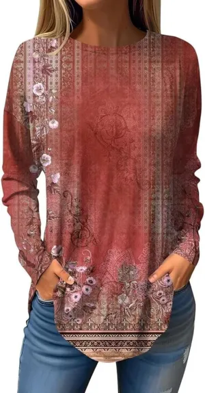 Womens Tunic Shirts Loose Fit Bohemian Floral Print T Shirts Crew Neck Pullover Casual Long Sleeve Tops for Leggings