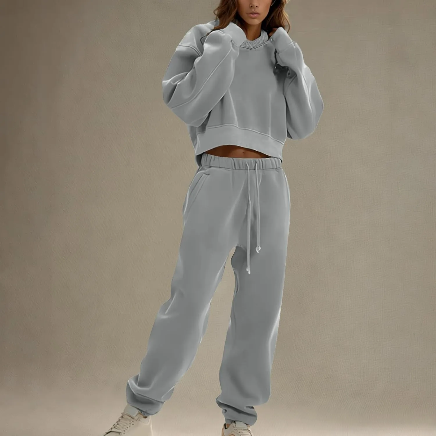 Women's Two Piece Outfits Long Sleeve Crop Sweatshirt and Jogger Pants Lounge Sweatsuit Sets Tracksuit with Pockets