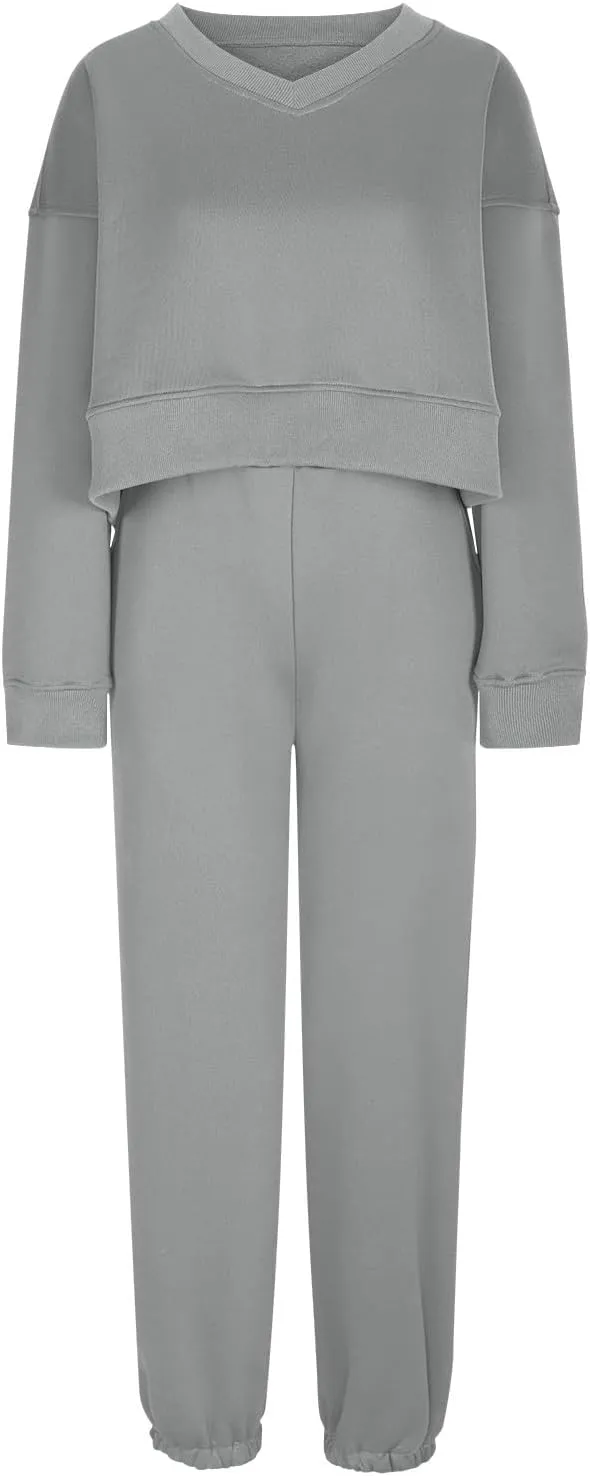 Women's Two Piece Outfits Long Sleeve Crop Sweatshirt and Jogger Pants Lounge Sweatsuit Sets Tracksuit with Pockets