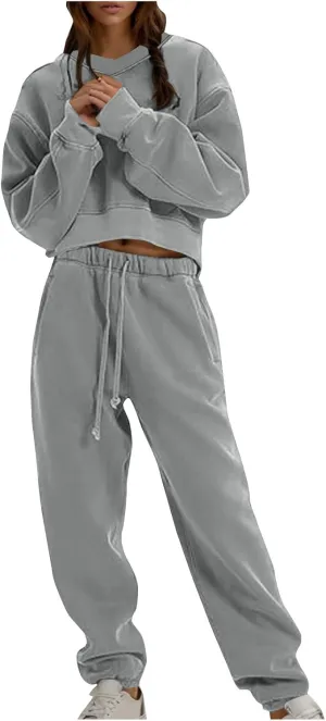 Women's Two Piece Outfits Long Sleeve Crop Sweatshirt and Jogger Pants Lounge Sweatsuit Sets Tracksuit with Pockets
