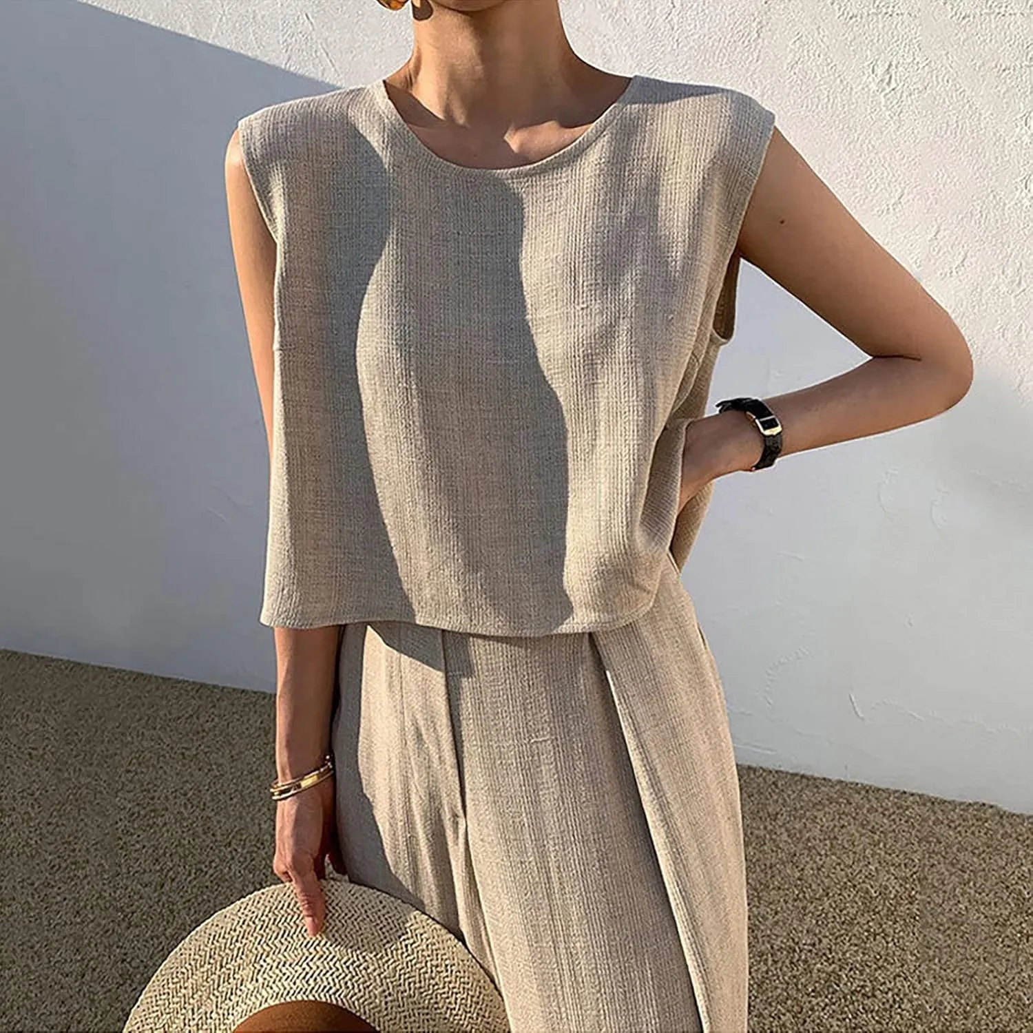 Womens Two Piece Outfits Summer Cotton Linen Plus Size Sleeveless Tank Top Set Pleated High Waist Wide Leg Pants Suit