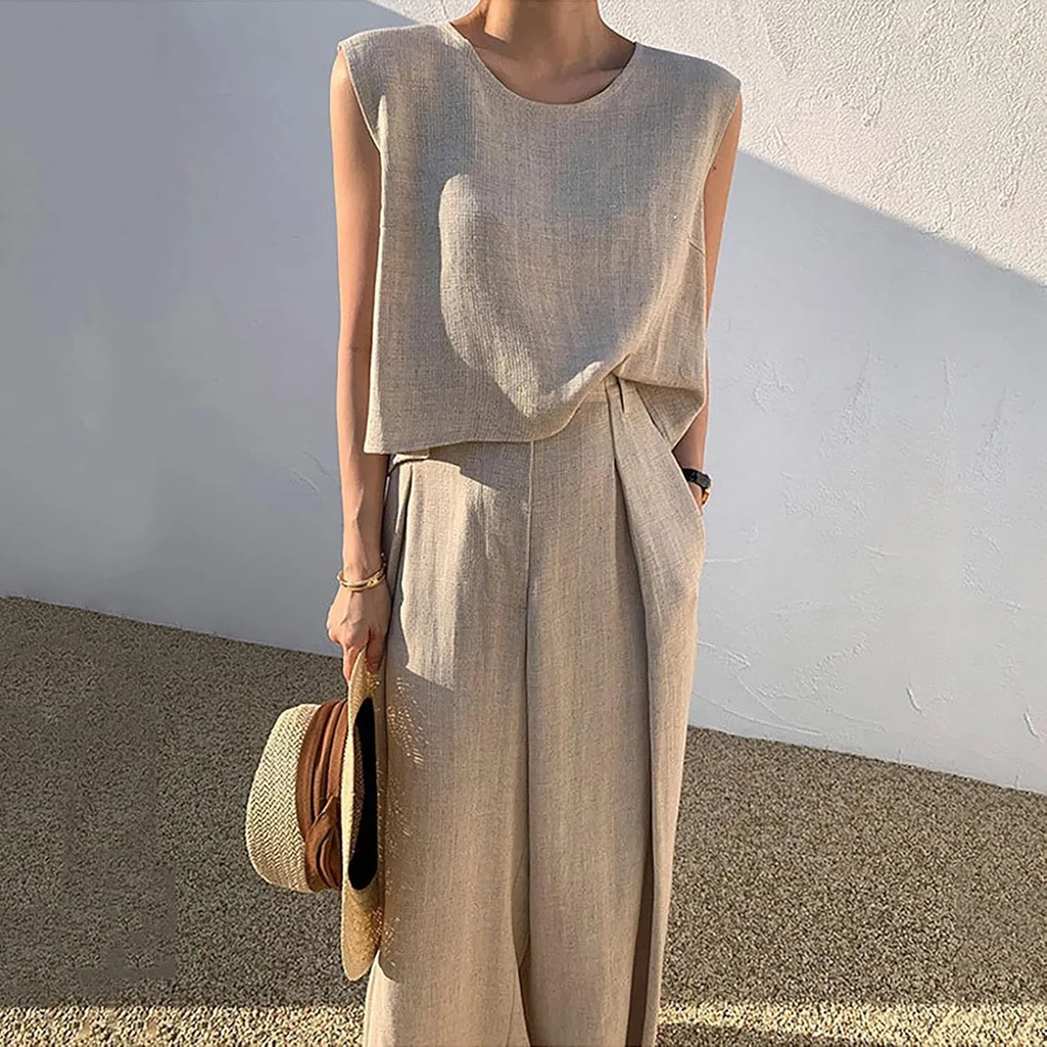 Womens Two Piece Outfits Summer Cotton Linen Plus Size Sleeveless Tank Top Set Pleated High Waist Wide Leg Pants Suit