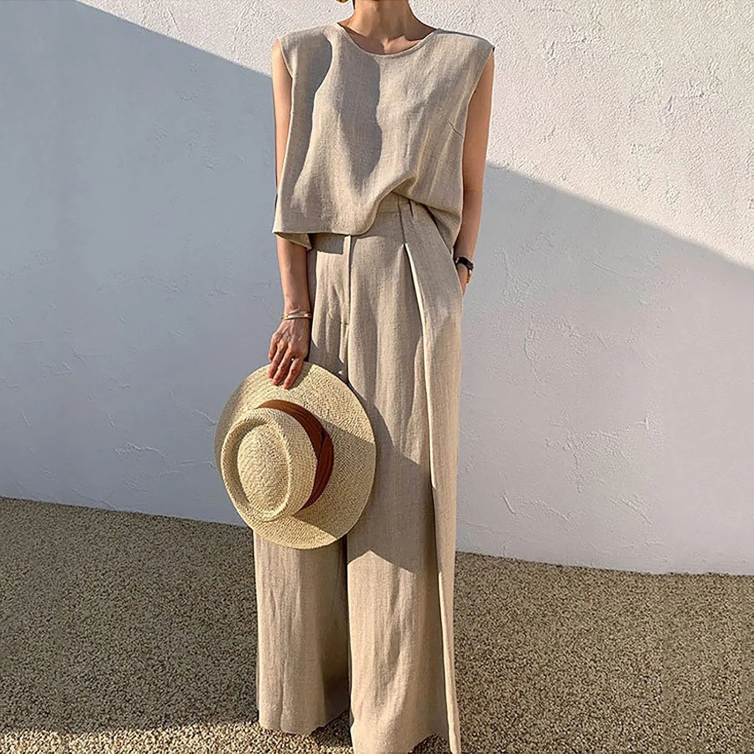 Womens Two Piece Outfits Summer Cotton Linen Plus Size Sleeveless Tank Top Set Pleated High Waist Wide Leg Pants Suit