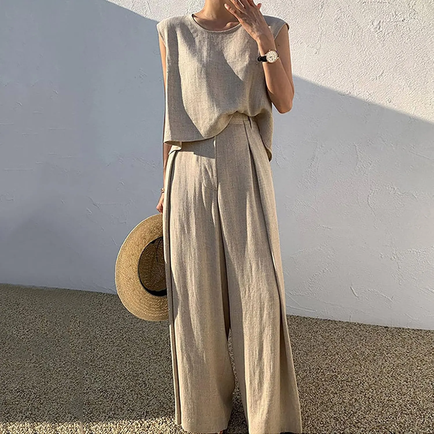 Womens Two Piece Outfits Summer Cotton Linen Plus Size Sleeveless Tank Top Set Pleated High Waist Wide Leg Pants Suit