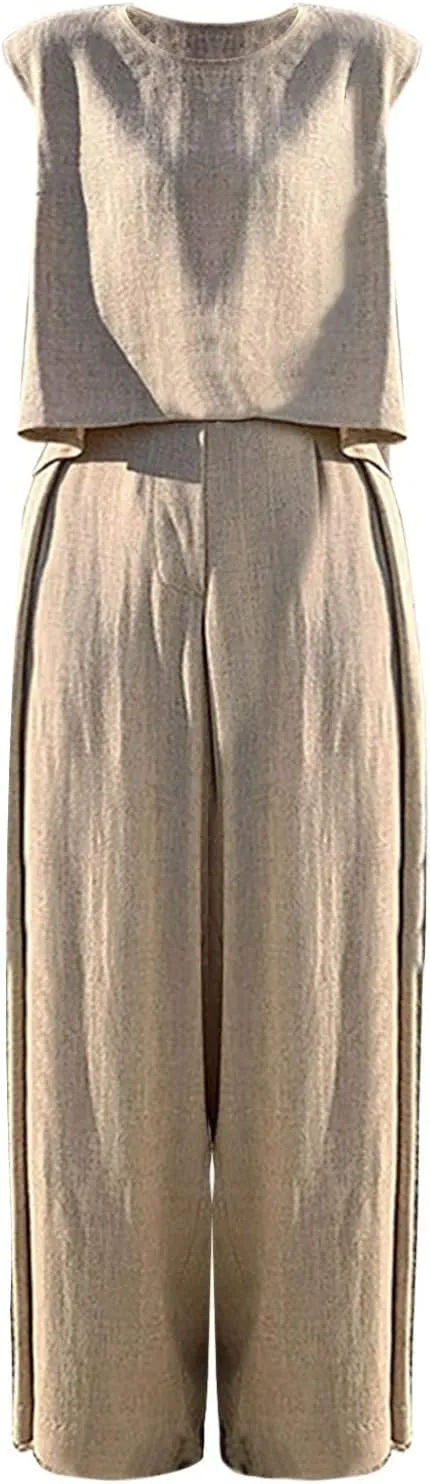 Womens Two Piece Outfits Summer Cotton Linen Plus Size Sleeveless Tank Top Set Pleated High Waist Wide Leg Pants Suit