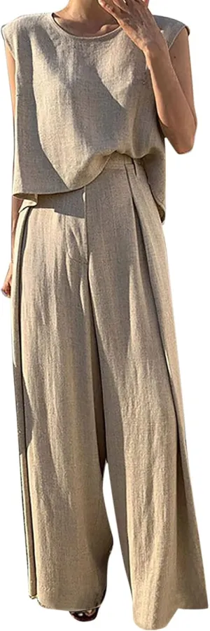 Womens Two Piece Outfits Summer Cotton Linen Plus Size Sleeveless Tank Top Set Pleated High Waist Wide Leg Pants Suit