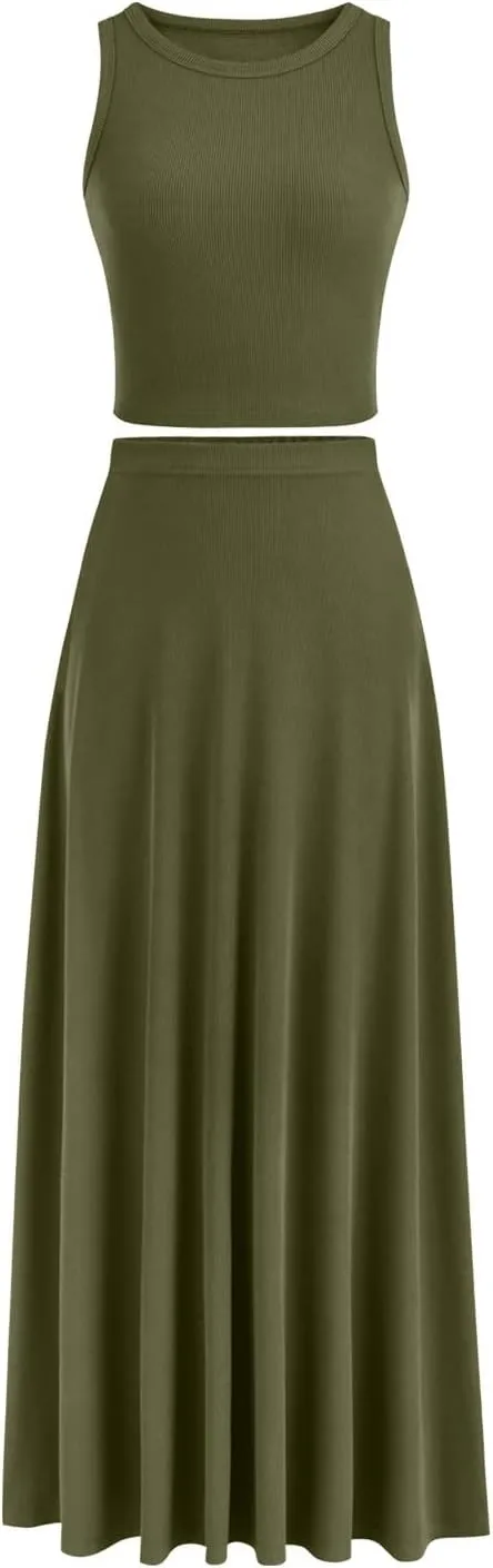 Womens Two Piece Skirt Set Casual Ribbed Knit Crew Neck Short Sleeve Slim Fit Cropped Tops and Swing Midi Skirts Sets
