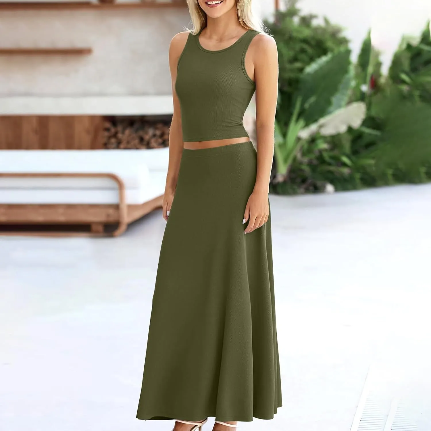Womens Two Piece Skirt Set Casual Ribbed Knit Crew Neck Short Sleeve Slim Fit Cropped Tops and Swing Midi Skirts Sets