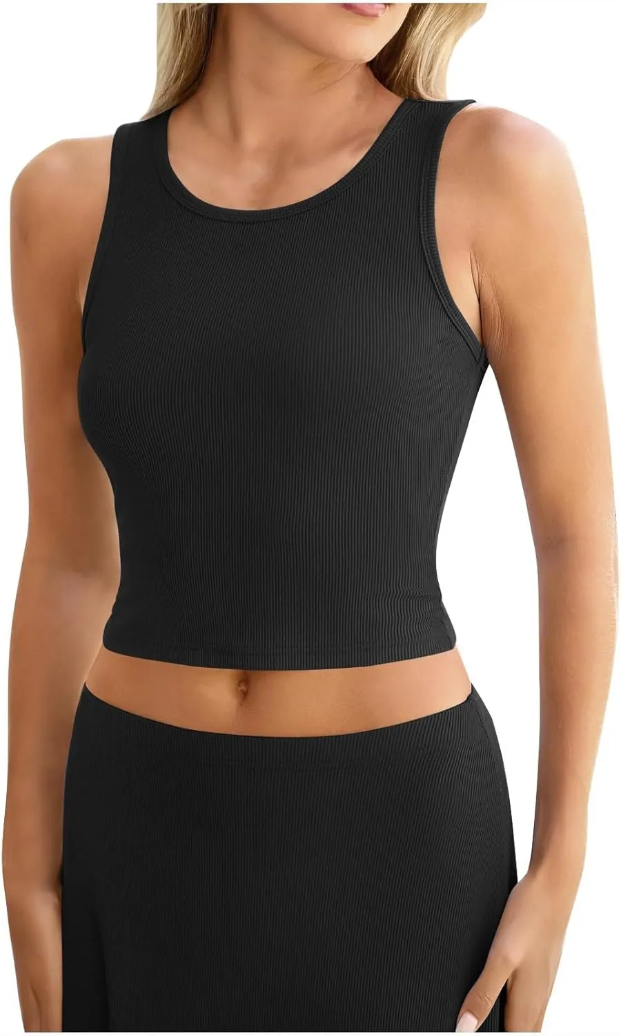 Womens Two Piece Skirt Set Casual Ribbed Knit Crew Neck Short Sleeve Slim Fit Cropped Tops and Swing Midi Skirts Sets