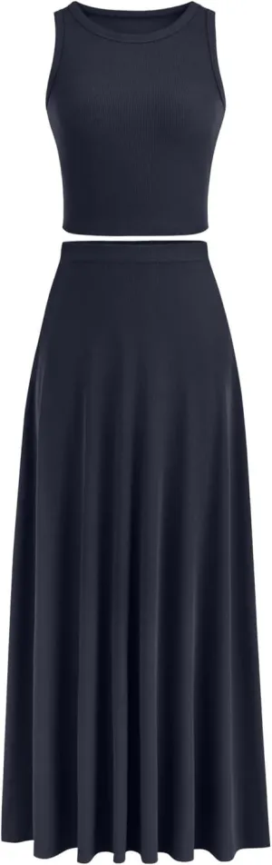 Womens Two Piece Skirt Set Casual Ribbed Knit Crew Neck Short Sleeve Slim Fit Cropped Tops and Swing Midi Skirts Sets