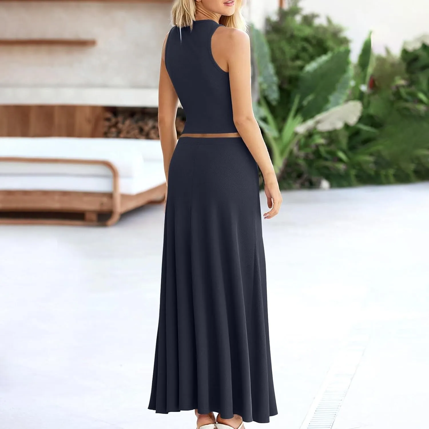 Womens Two Piece Skirt Set Casual Ribbed Knit Crew Neck Short Sleeve Slim Fit Cropped Tops and Swing Midi Skirts Sets