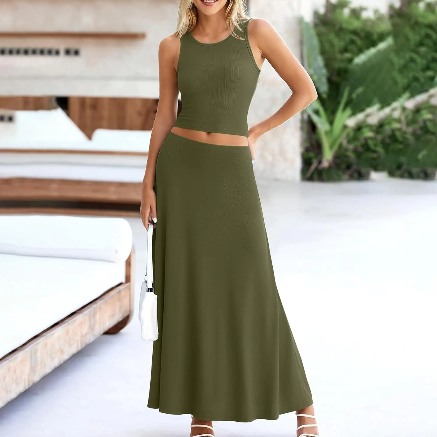 Womens Two Piece Skirt Set Casual Ribbed Knit Crew Neck Short Sleeve Slim Fit Cropped Tops and Swing Midi Skirts Sets