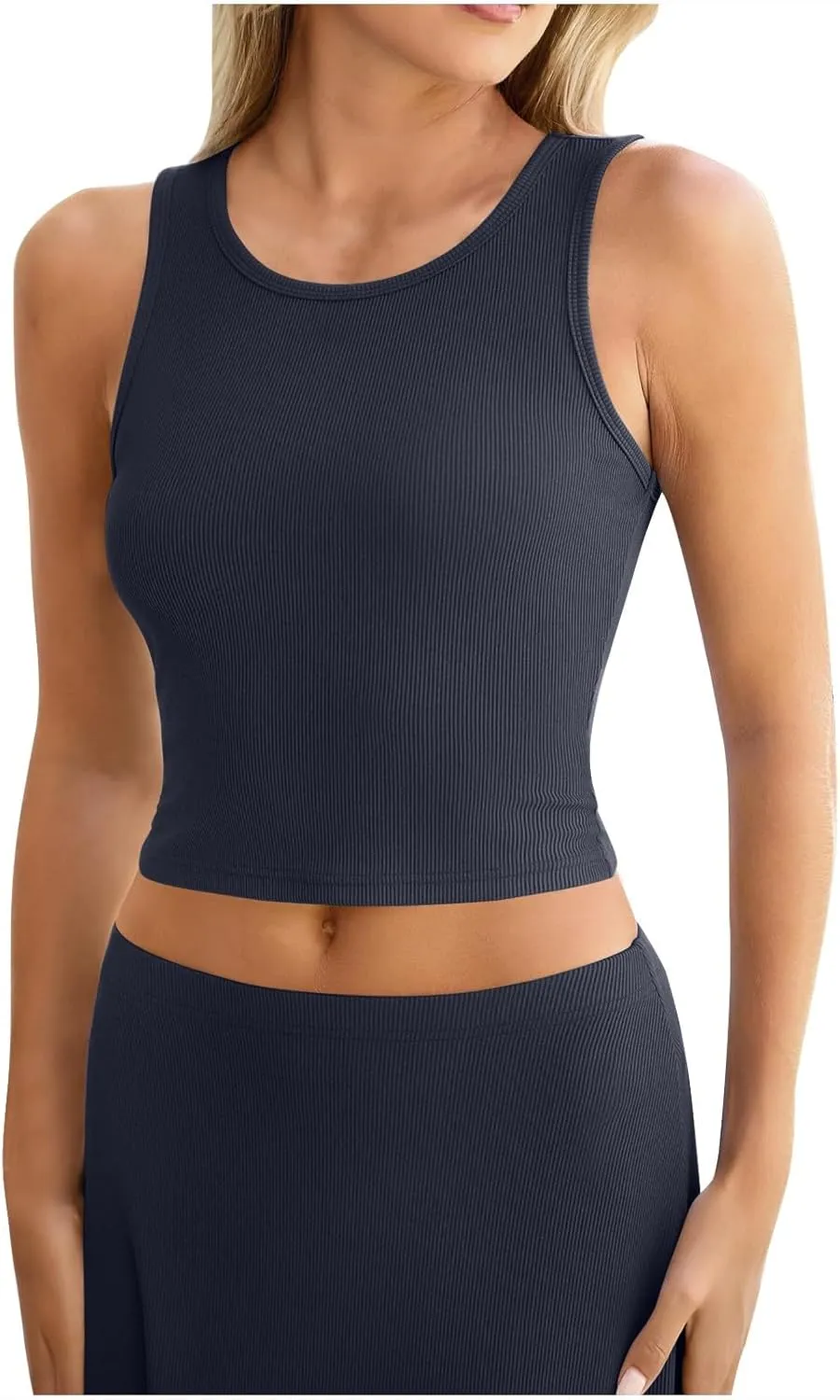 Womens Two Piece Skirt Set Casual Ribbed Knit Crew Neck Short Sleeve Slim Fit Cropped Tops and Swing Midi Skirts Sets