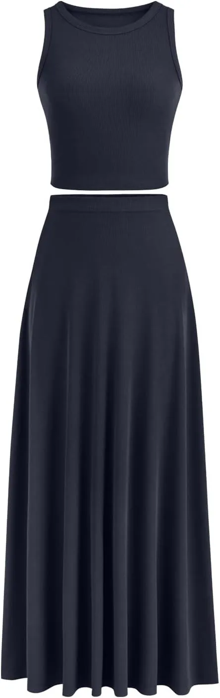 Womens Two Piece Skirt Set Casual Ribbed Knit Crew Neck Short Sleeve Slim Fit Cropped Tops and Swing Midi Skirts Sets