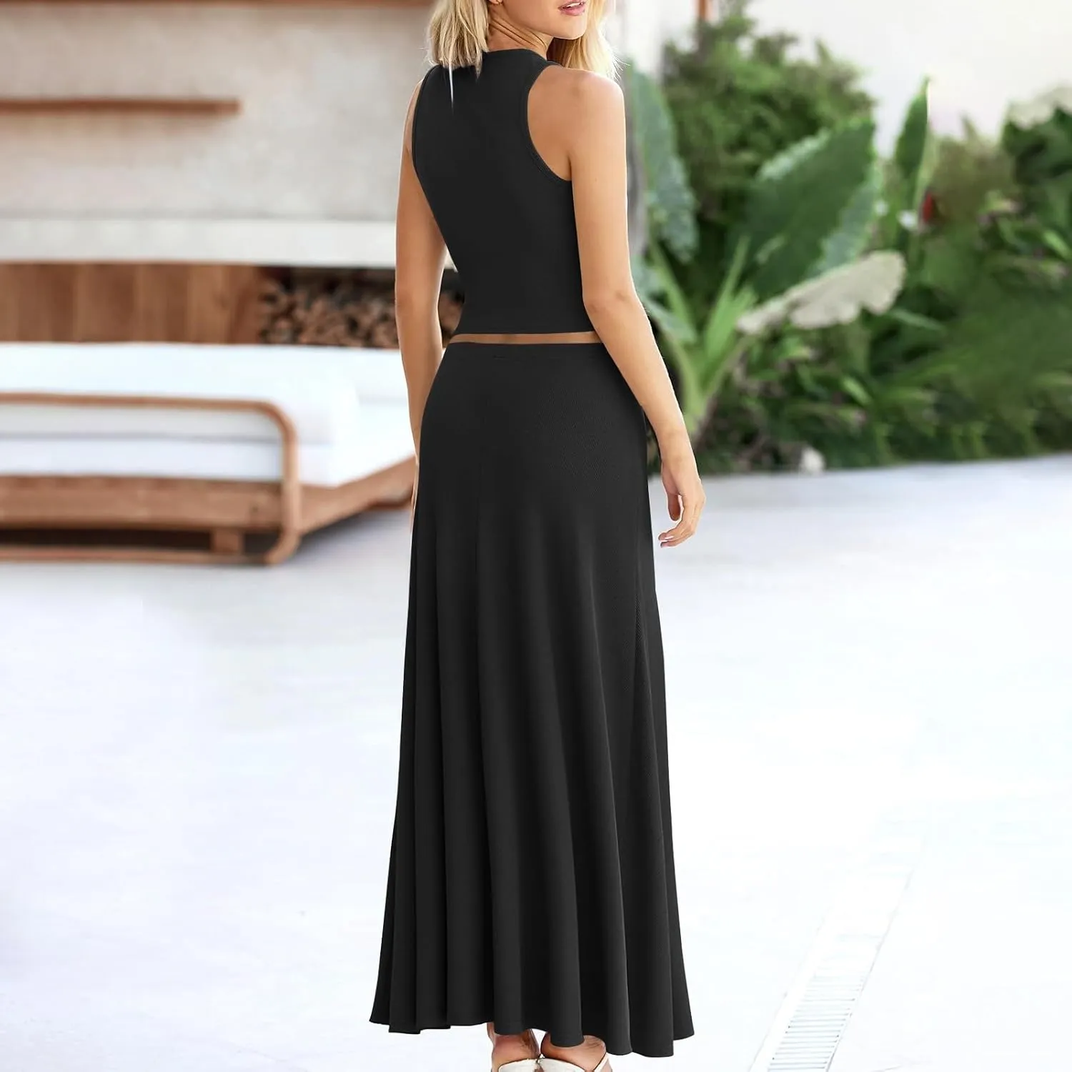 Womens Two Piece Skirt Set Casual Ribbed Knit Crew Neck Short Sleeve Slim Fit Cropped Tops and Swing Midi Skirts Sets